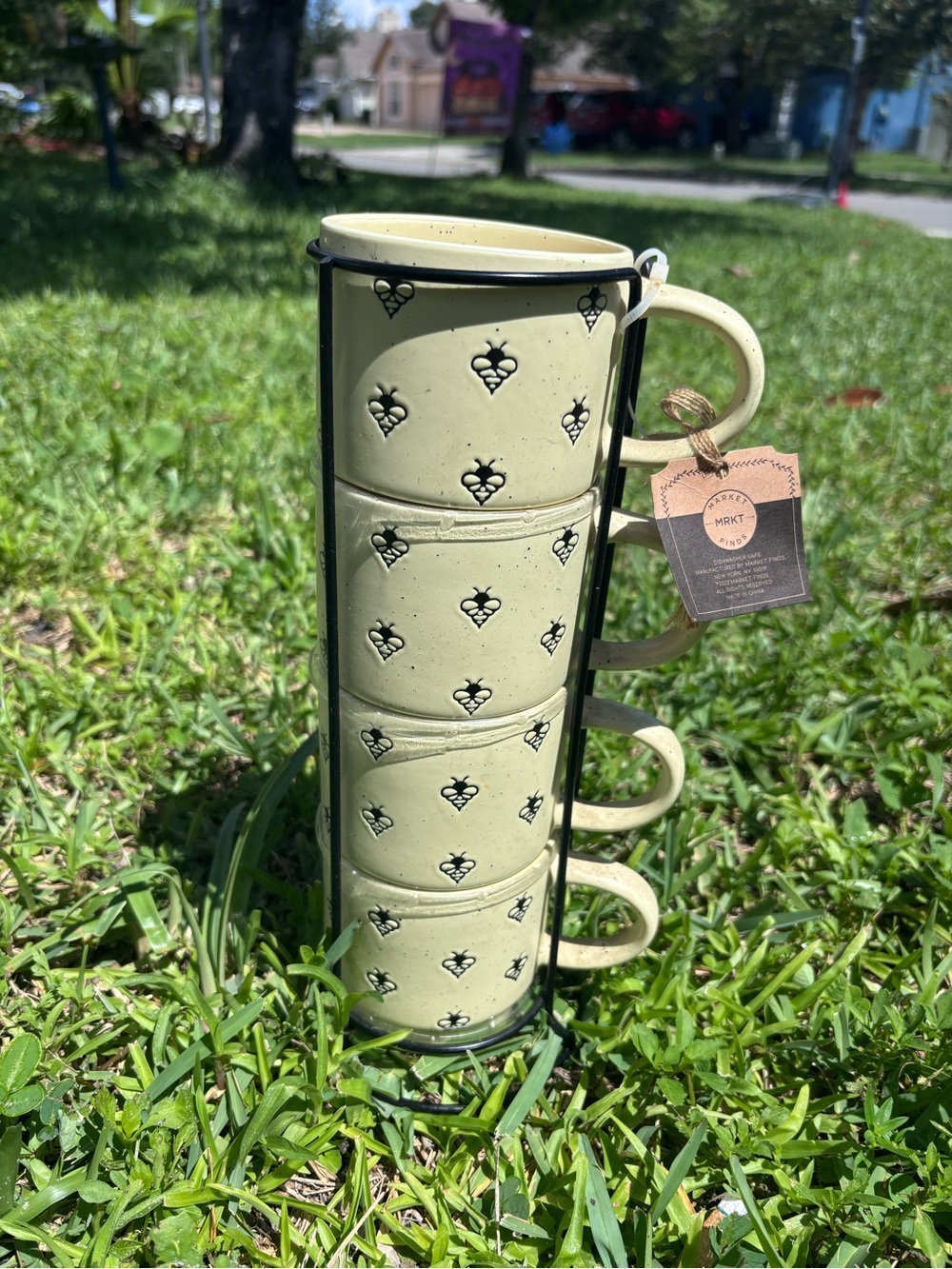 Yellow Ceramic Stackable Mug Set with Metal Rack
